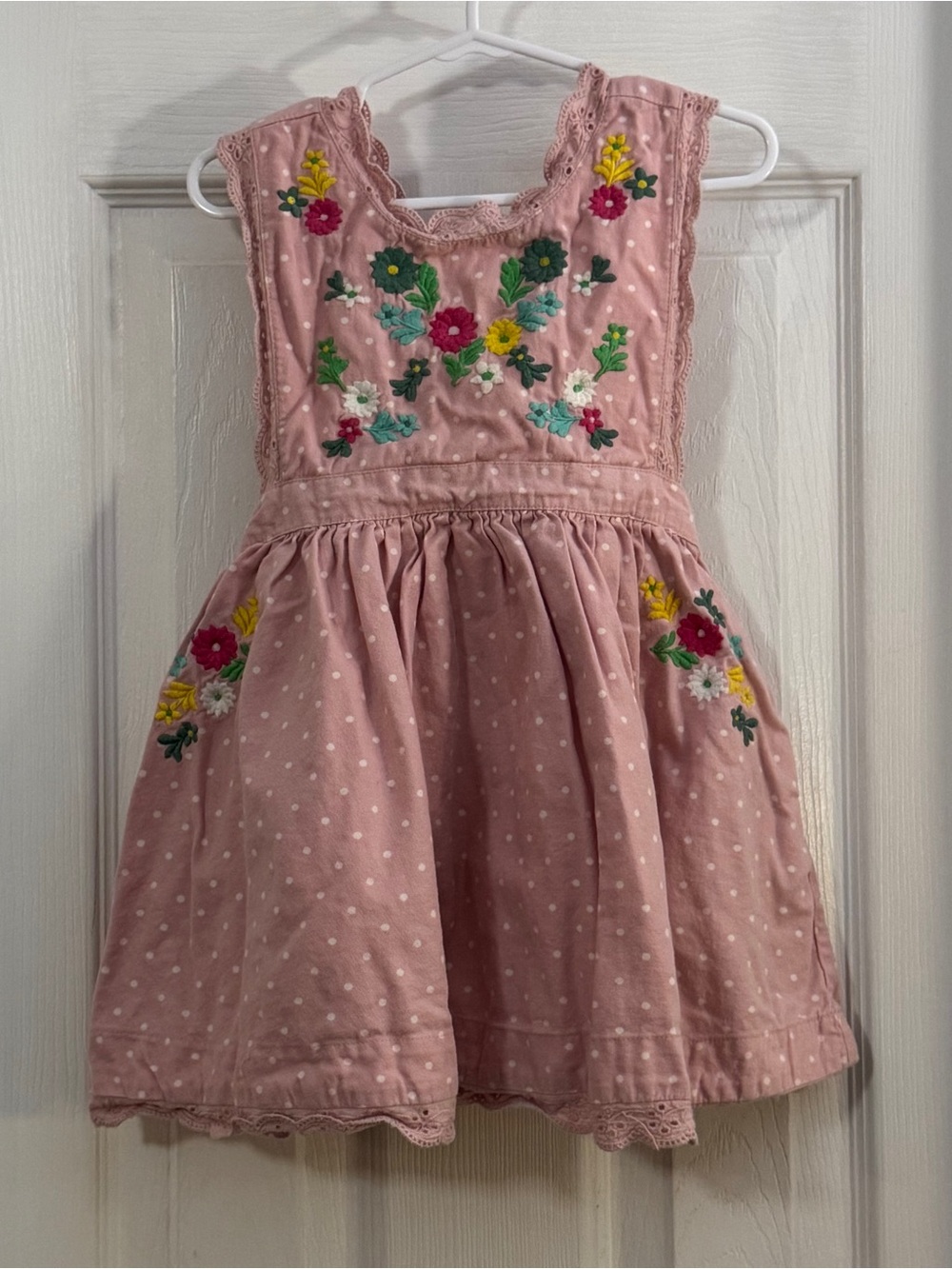 Mini Boden Baby Girl Dusty Pink Polka Dot Dress with Colorful Floral Embroidery
